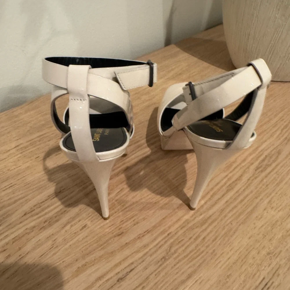 Saint Laurent Cream Patent Leather Platform Heels with Ankle Strap - Picture 6 of 16